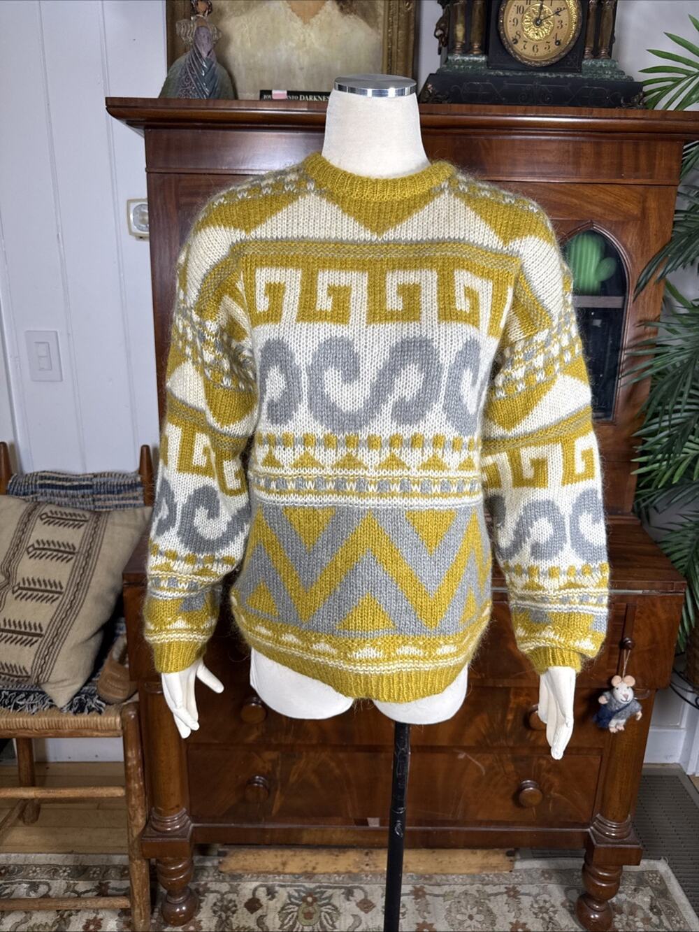 Vintage 90s Together Wool Blend Geometric Greek Key Knit Sweater Size M